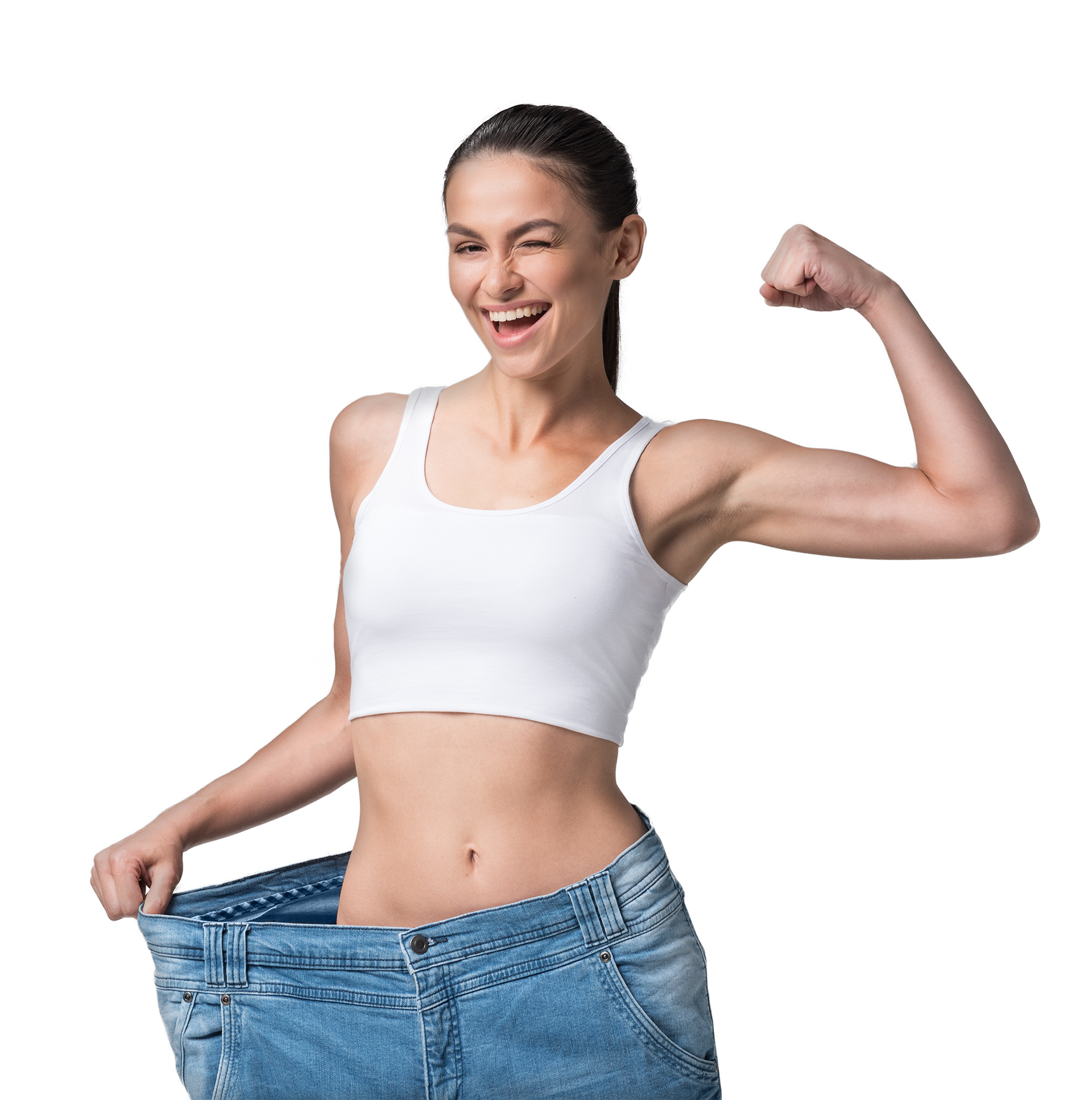 Happy young woman lost her weight copy